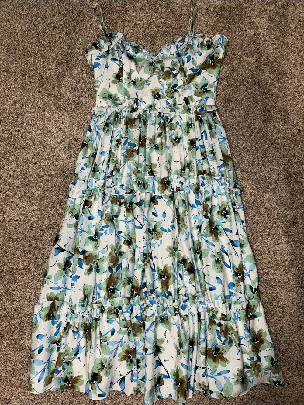 Badgley Mischka Blue Floral Ruffle Trim Dress (size 2)
